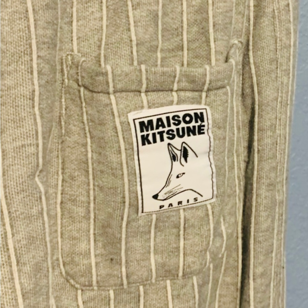 RARE! Maison Kitsune Women Striped Drawstring Track Pant Joggers Gray and White
